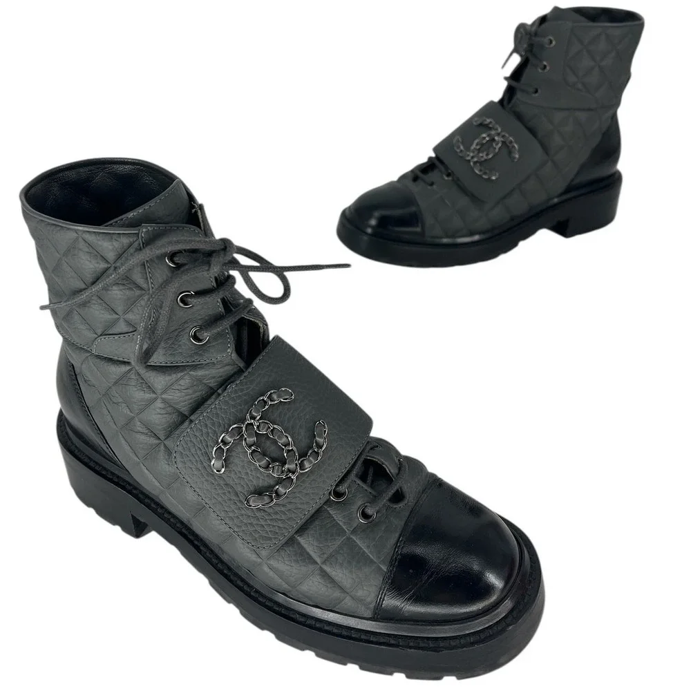 Chanel 2022 CC Chain Quilted Cap Toe Logo Combat Boots in Gray & Black Size 39.5